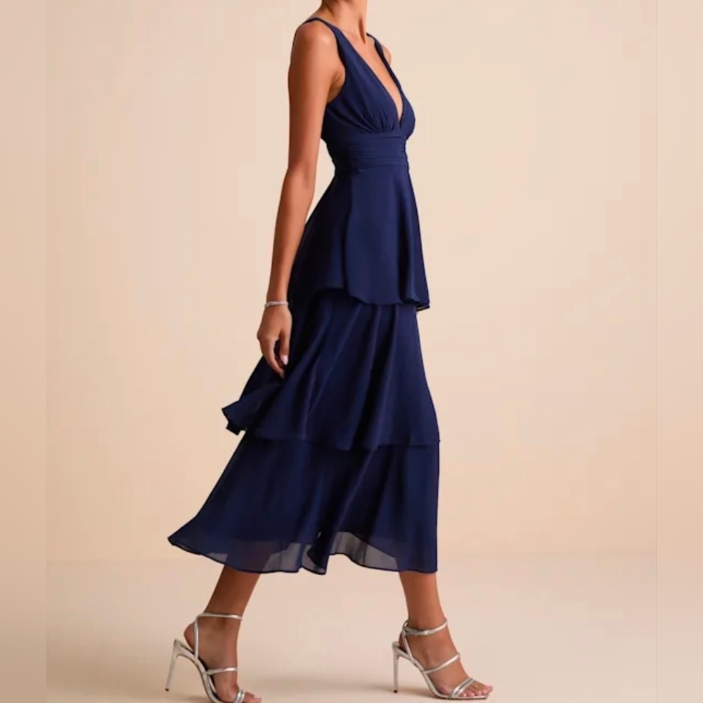 Celebration Time Medium Navy Blue Sleeveless Tiered Midi Dress, Size Medium